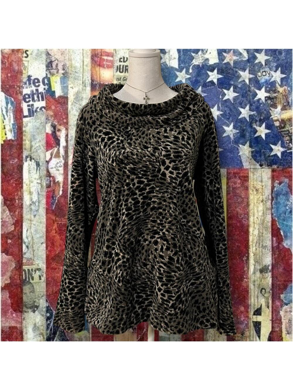 luxe grey leopard print wide foldover turtleneck